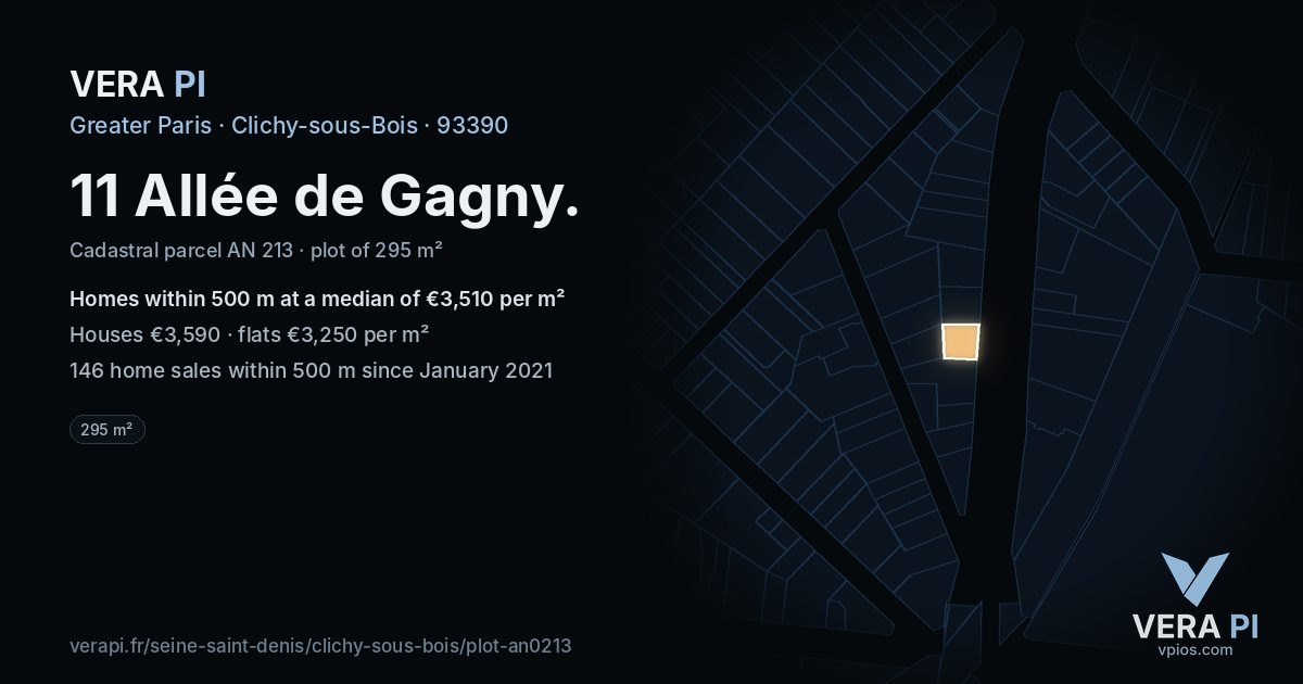 11 Allée de Gagny, Clichy-sous-Bois at night – the plot lit, the parcels around coloured by the prices near them
