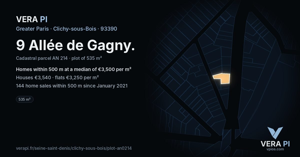 9 Allée de Gagny, Clichy-sous-Bois at night – the plot lit, the parcels around coloured by the prices near them