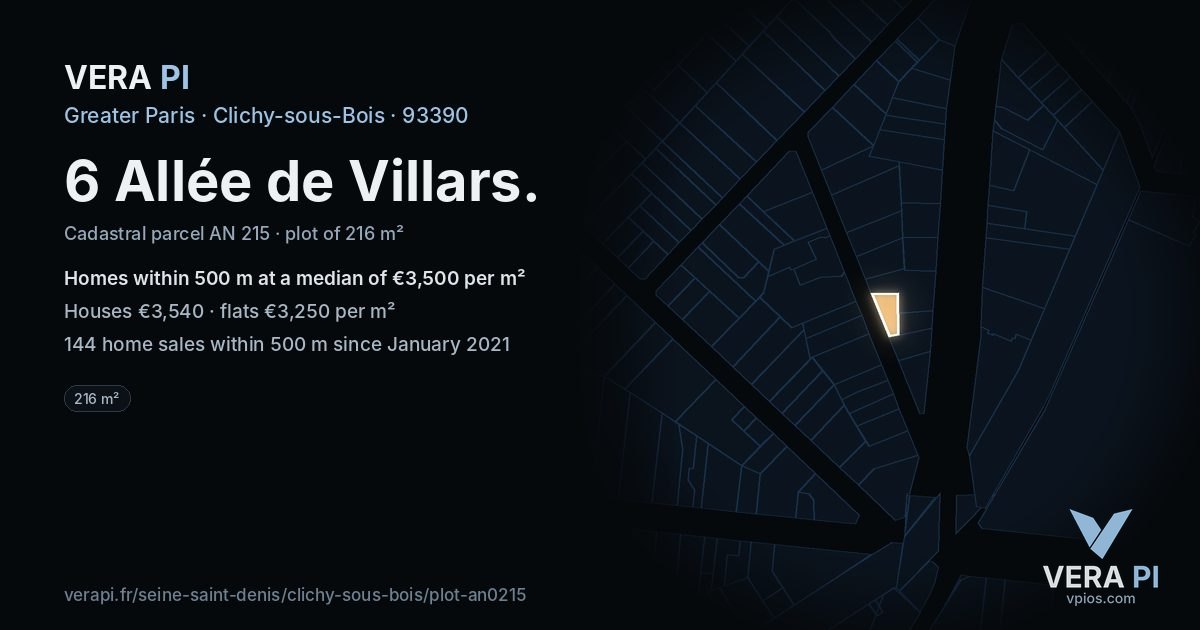 6 Allée de Villars, Clichy-sous-Bois at night – the plot lit, the parcels around coloured by the prices near them