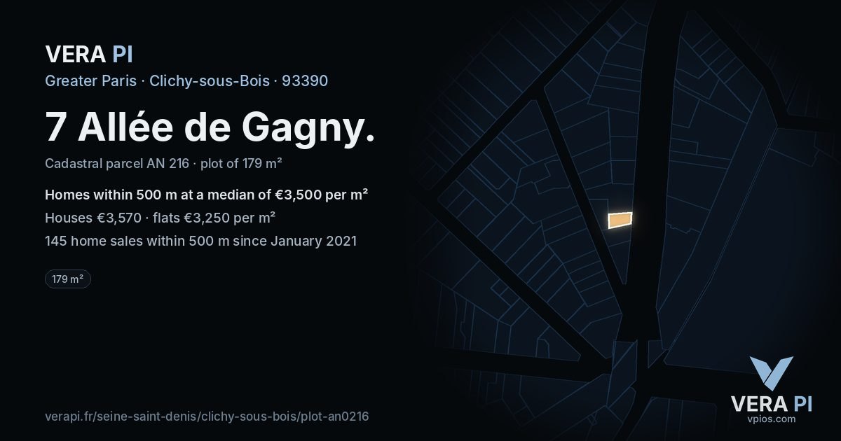 7 Allée de Gagny, Clichy-sous-Bois at night – the plot lit, the parcels around coloured by the prices near them