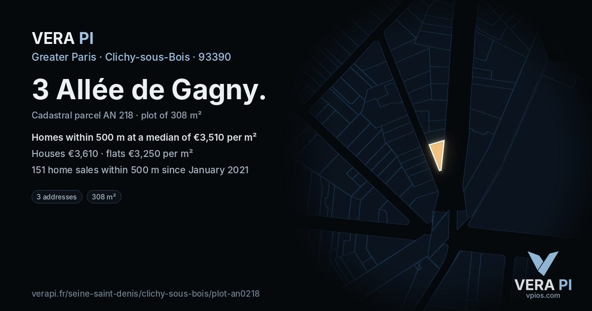 3 Allée de Gagny, Clichy-sous-Bois at night – the plot lit, the parcels around coloured by the prices near them