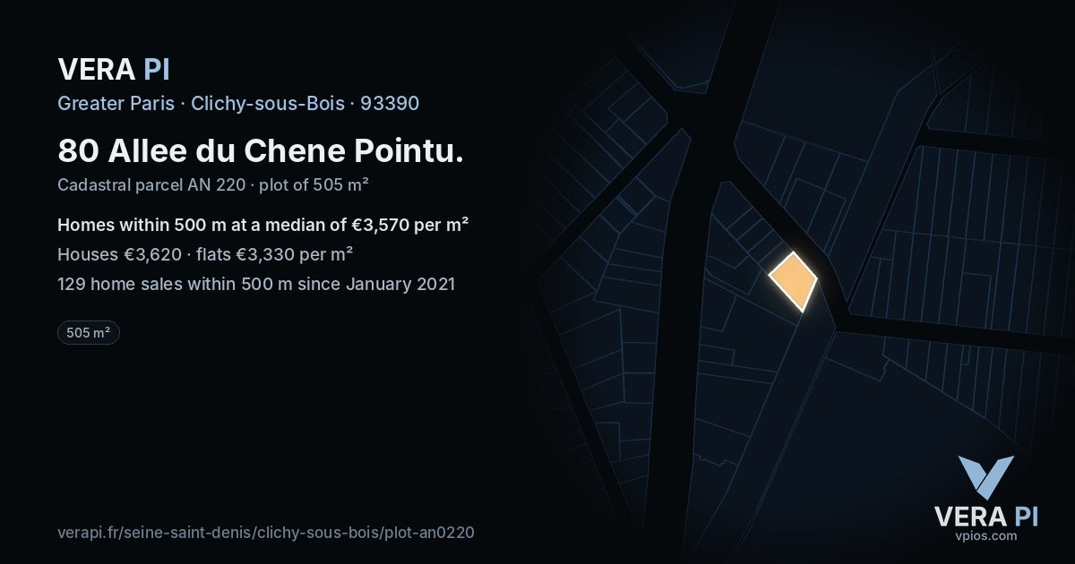 80 Allee du Chene Pointu, Clichy-sous-Bois at night – the plot lit, the parcels around coloured by the prices near them