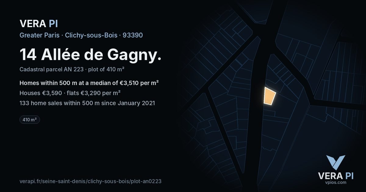 14 Allée de Gagny, Clichy-sous-Bois at night – the plot lit, the parcels around coloured by the prices near them