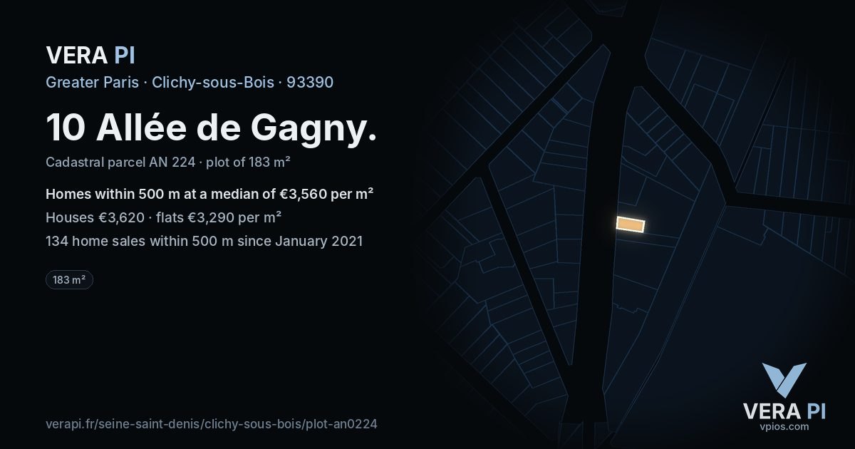 10 Allée de Gagny, Clichy-sous-Bois at night – the plot lit, the parcels around coloured by the prices near them