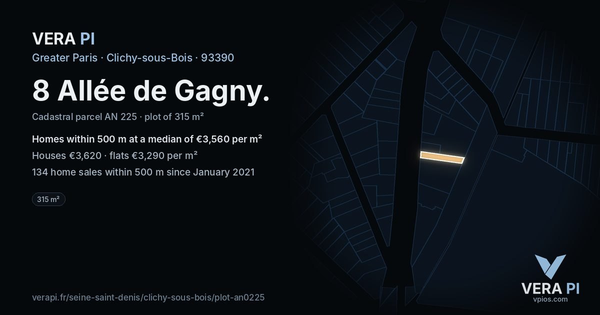 8 Allée de Gagny, Clichy-sous-Bois at night – the plot lit, the parcels around coloured by the prices near them
