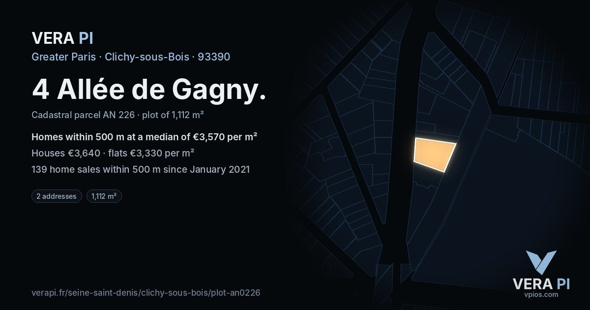 4 Allée de Gagny, Clichy-sous-Bois at night – the plot lit, the parcels around coloured by the prices near them