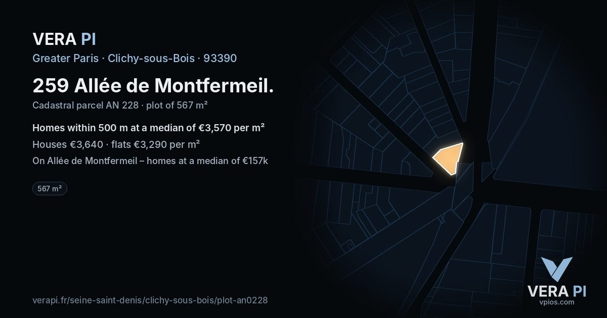 259 Allée de Montfermeil, Clichy-sous-Bois at night – the plot lit, the parcels around coloured by the prices near them