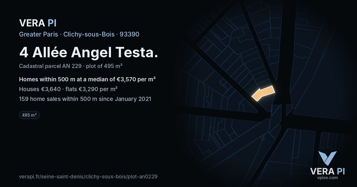 4 Allée Angel Testa, Clichy-sous-Bois at night – the plot lit, the parcels around coloured by the prices near them