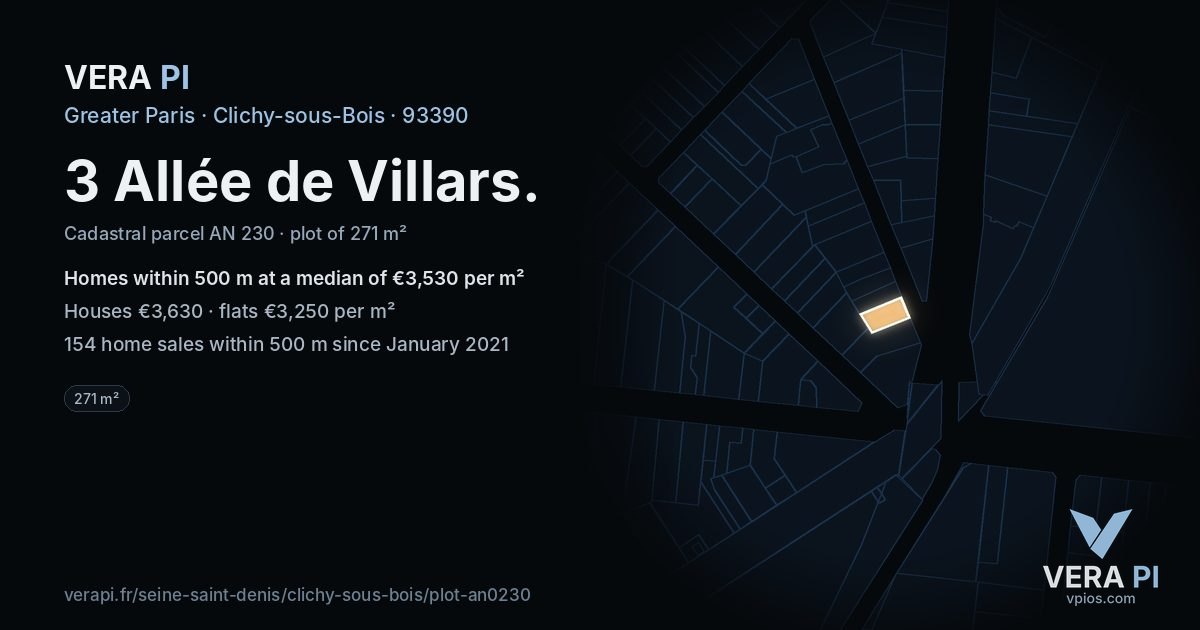 3 Allée de Villars, Clichy-sous-Bois at night – the plot lit, the parcels around coloured by the prices near them