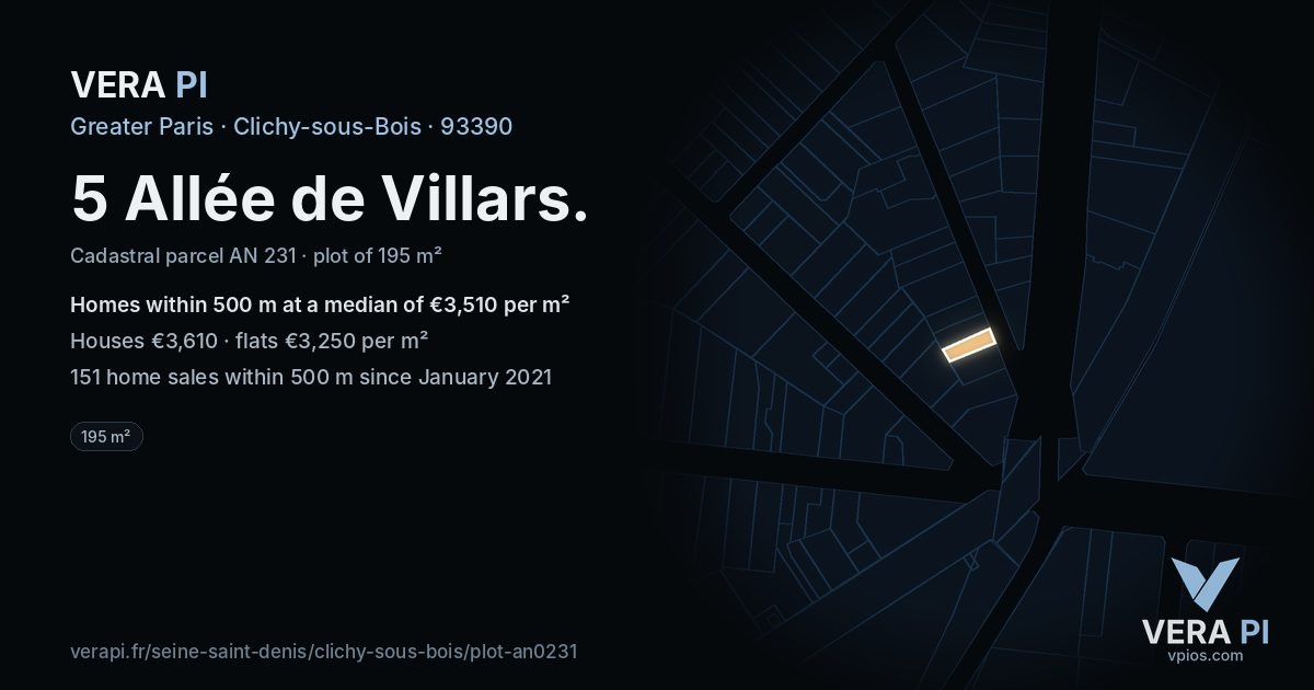 5 Allée de Villars, Clichy-sous-Bois at night – the plot lit, the parcels around coloured by the prices near them