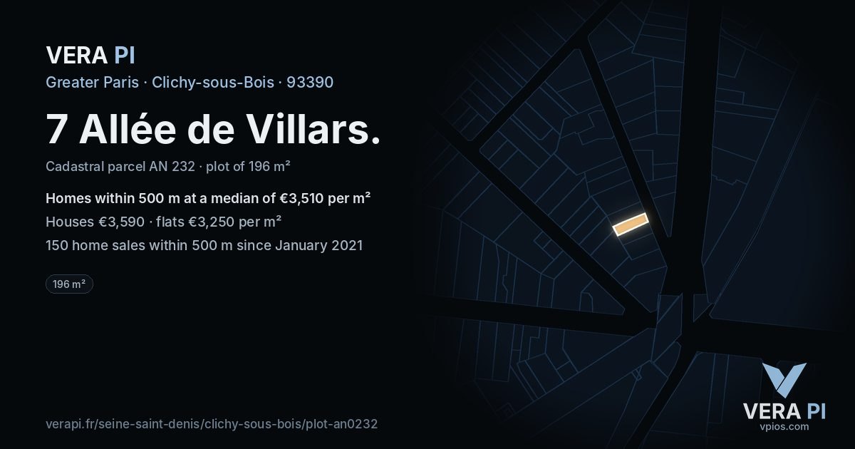 7 Allée de Villars, Clichy-sous-Bois at night – the plot lit, the parcels around coloured by the prices near them