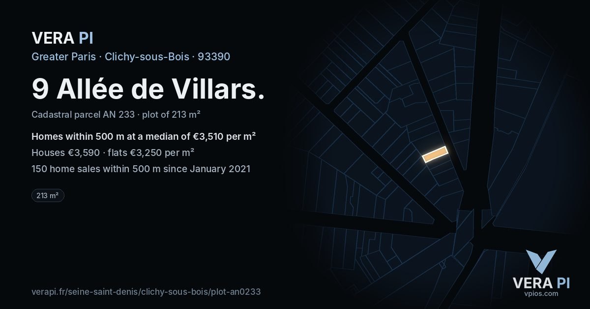 9 Allée de Villars, Clichy-sous-Bois at night – the plot lit, the parcels around coloured by the prices near them