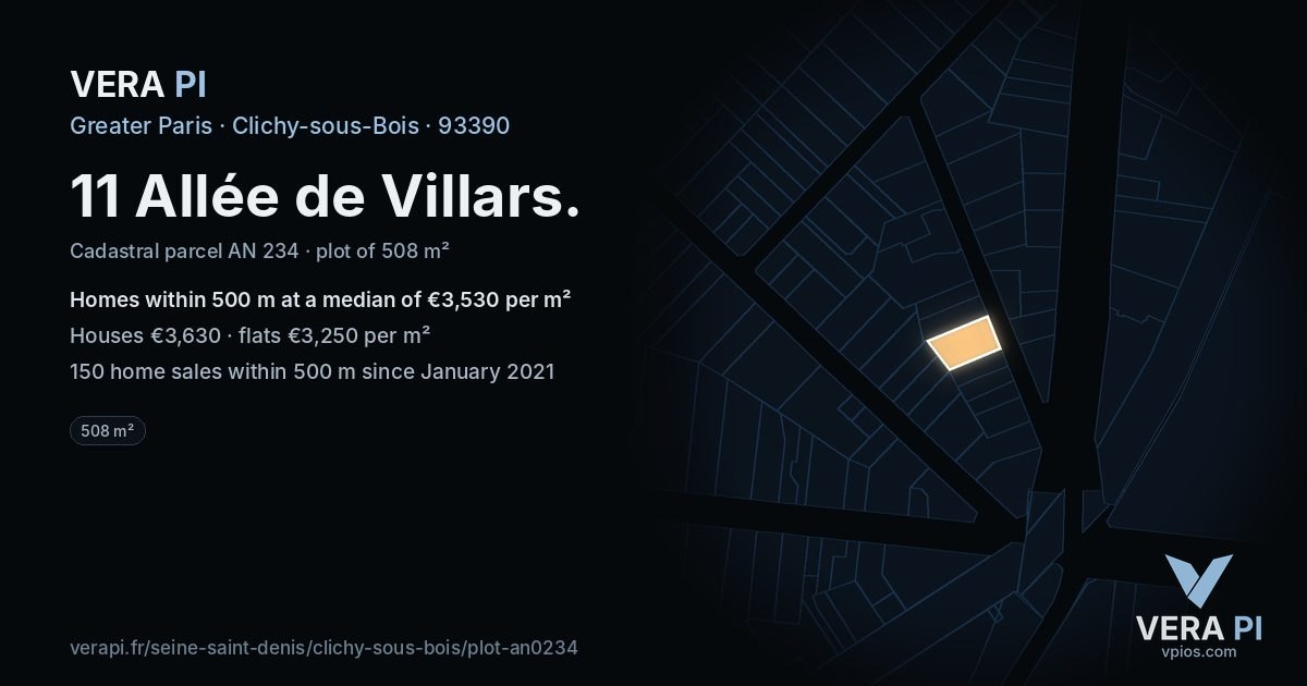 11 Allée de Villars, Clichy-sous-Bois at night – the plot lit, the parcels around coloured by the prices near them