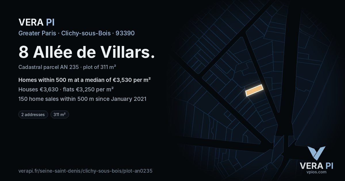 8 Allée de Villars, Clichy-sous-Bois at night – the plot lit, the parcels around coloured by the prices near them