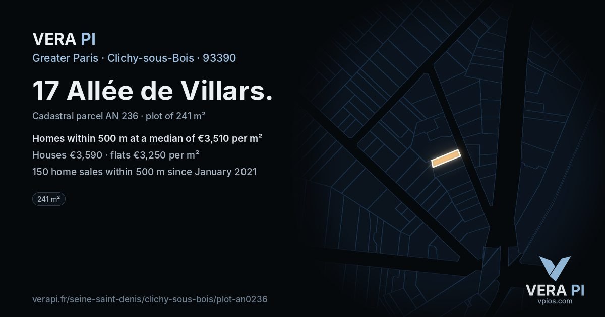 17 Allée de Villars, Clichy-sous-Bois at night – the plot lit, the parcels around coloured by the prices near them