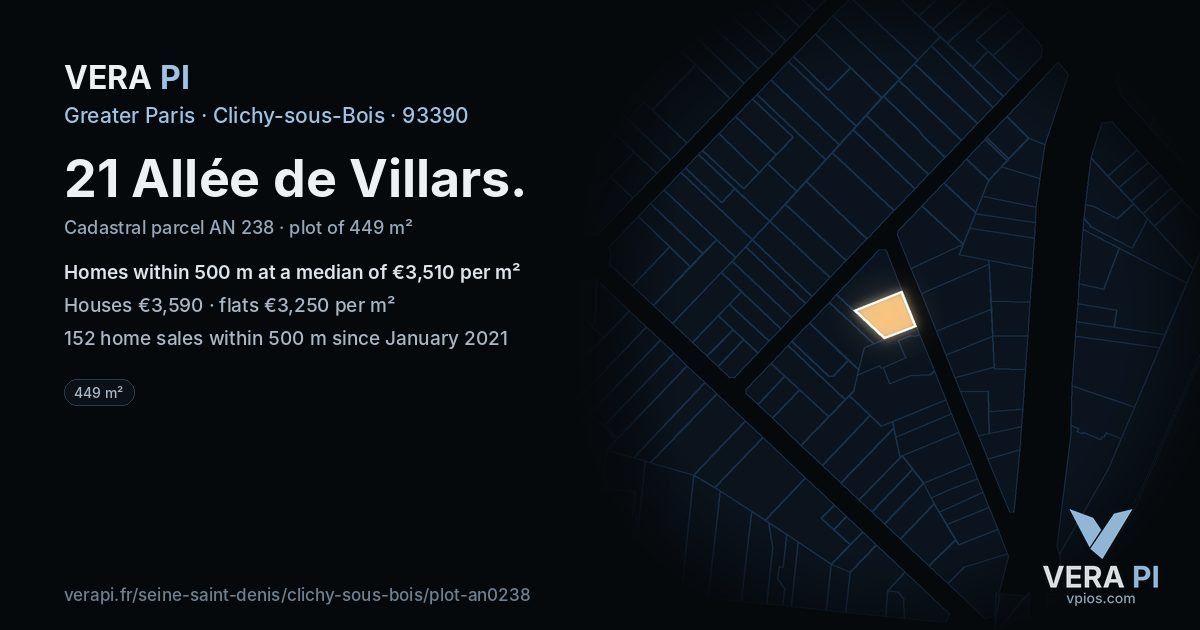 21 Allée de Villars, Clichy-sous-Bois at night – the plot lit, the parcels around coloured by the prices near them