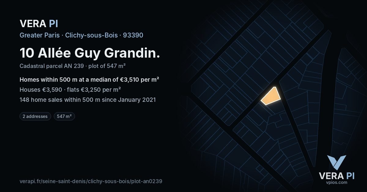 10 Allée Guy Grandin, Clichy-sous-Bois at night – the plot lit, the parcels around coloured by the prices near them