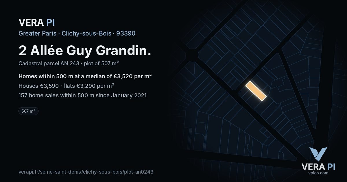 2 Allée Guy Grandin, Clichy-sous-Bois at night – the plot lit, the parcels around coloured by the prices near them