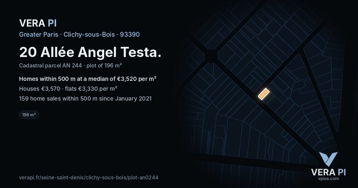 20 Allée Angel Testa, Clichy-sous-Bois at night – the plot lit, the parcels around coloured by the prices near them