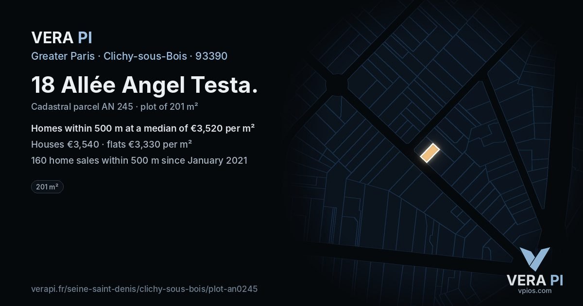 18 Allée Angel Testa, Clichy-sous-Bois at night – the plot lit, the parcels around coloured by the prices near them