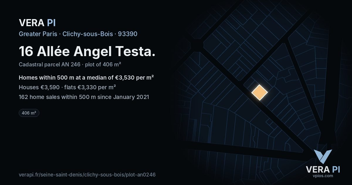 16 Allée Angel Testa, Clichy-sous-Bois at night – the plot lit, the parcels around coloured by the prices near them