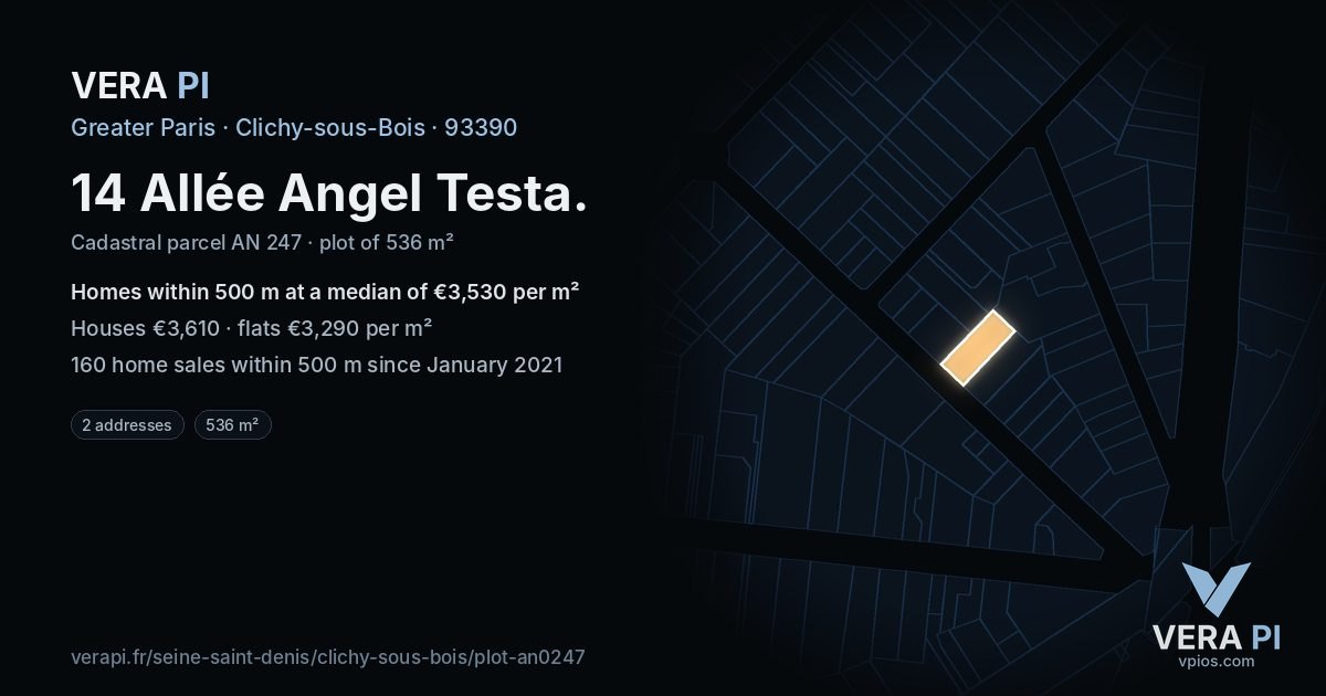 14 Allée Angel Testa, Clichy-sous-Bois at night – the plot lit, the parcels around coloured by the prices near them