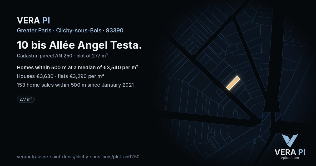 10 bis Allée Angel Testa, Clichy-sous-Bois at night – the plot lit, the parcels around coloured by the prices near them