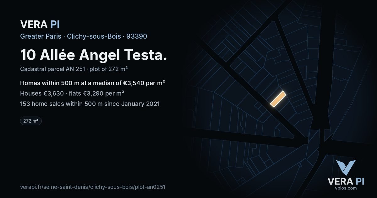 10 Allée Angel Testa, Clichy-sous-Bois at night – the plot lit, the parcels around coloured by the prices near them