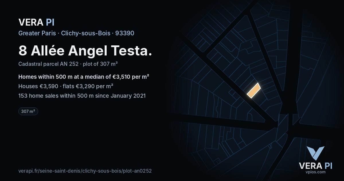 8 Allée Angel Testa, Clichy-sous-Bois at night – the plot lit, the parcels around coloured by the prices near them