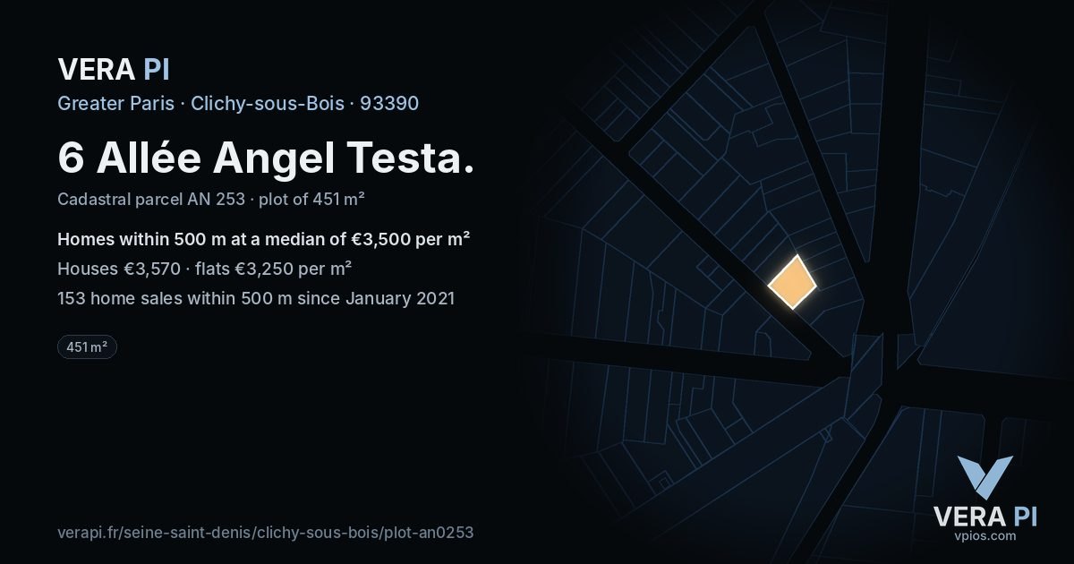 6 Allée Angel Testa, Clichy-sous-Bois at night – the plot lit, the parcels around coloured by the prices near them