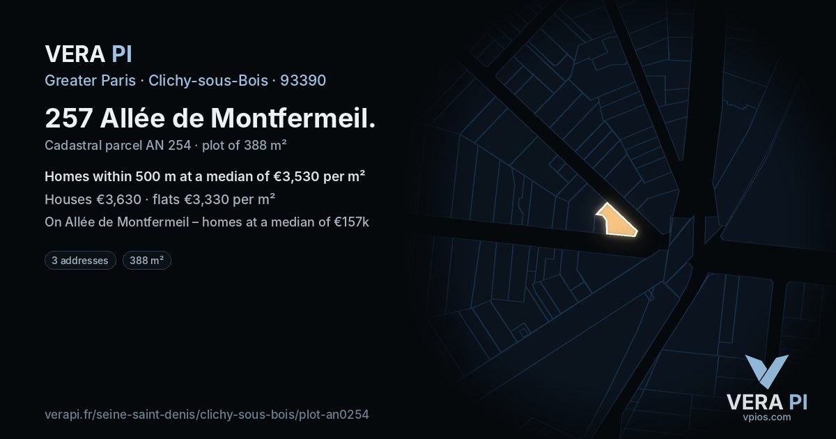 257 Allée de Montfermeil, Clichy-sous-Bois at night – the plot lit, the parcels around coloured by the prices near them