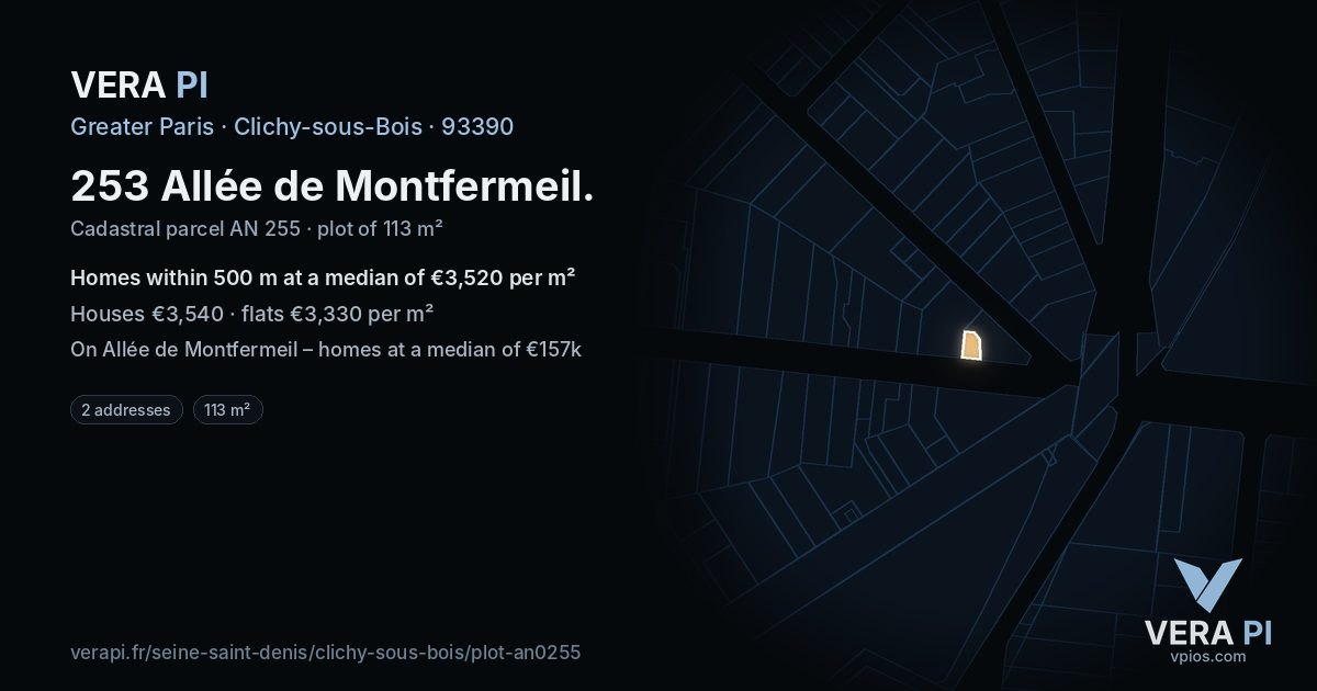 253 Allée de Montfermeil, Clichy-sous-Bois at night – the plot lit, the parcels around coloured by the prices near them