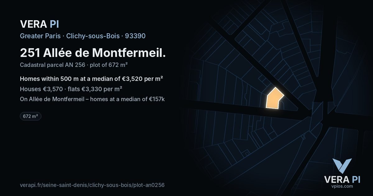 251 Allée de Montfermeil, Clichy-sous-Bois at night – the plot lit, the parcels around coloured by the prices near them