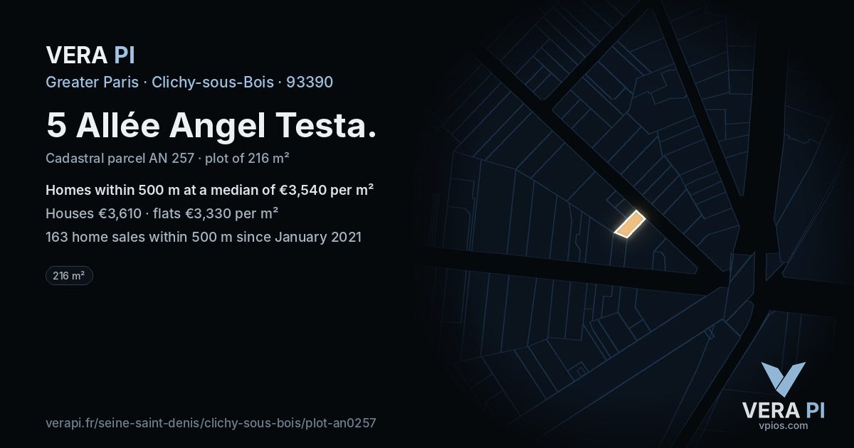 5 Allée Angel Testa, Clichy-sous-Bois at night – the plot lit, the parcels around coloured by the prices near them