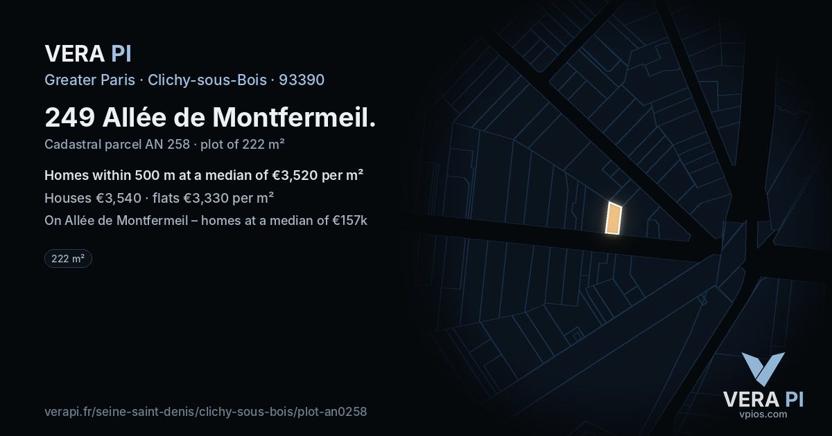 249 Allée de Montfermeil, Clichy-sous-Bois at night – the plot lit, the parcels around coloured by the prices near them