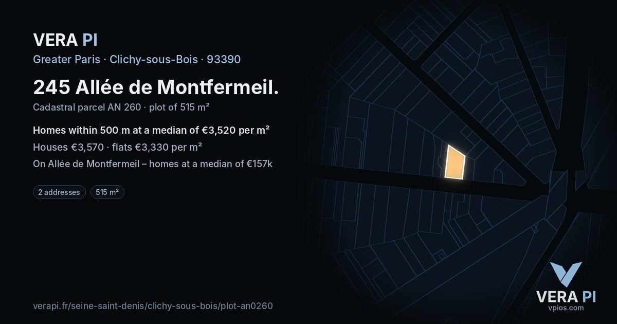 245 Allée de Montfermeil, Clichy-sous-Bois at night – the plot lit, the parcels around coloured by the prices near them