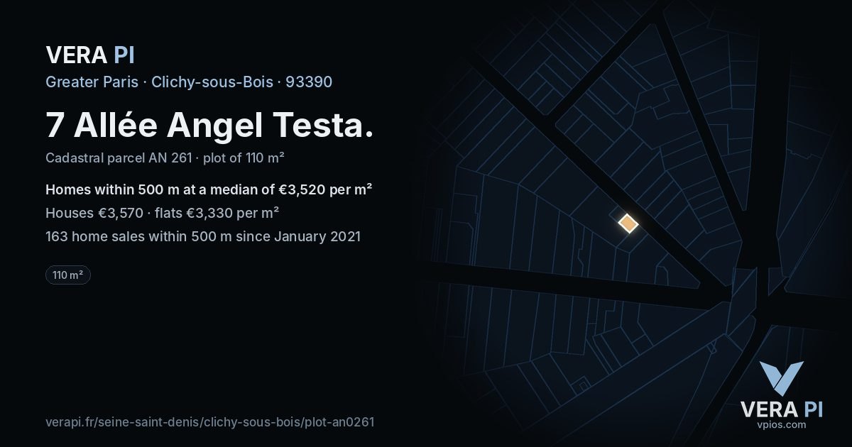7 Allée Angel Testa, Clichy-sous-Bois at night – the plot lit, the parcels around coloured by the prices near them