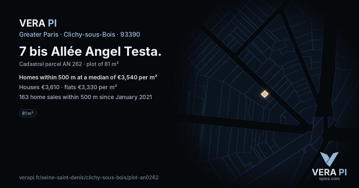 7 bis Allée Angel Testa, Clichy-sous-Bois at night – the plot lit, the parcels around coloured by the prices near them