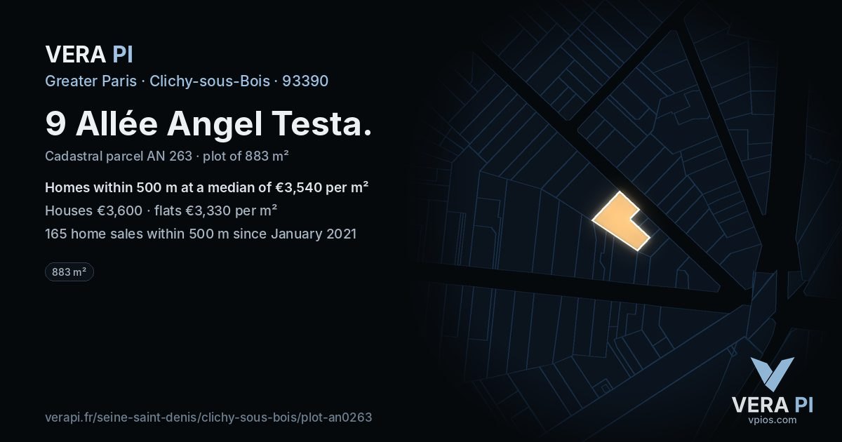 9 Allée Angel Testa, Clichy-sous-Bois at night – the plot lit, the parcels around coloured by the prices near them