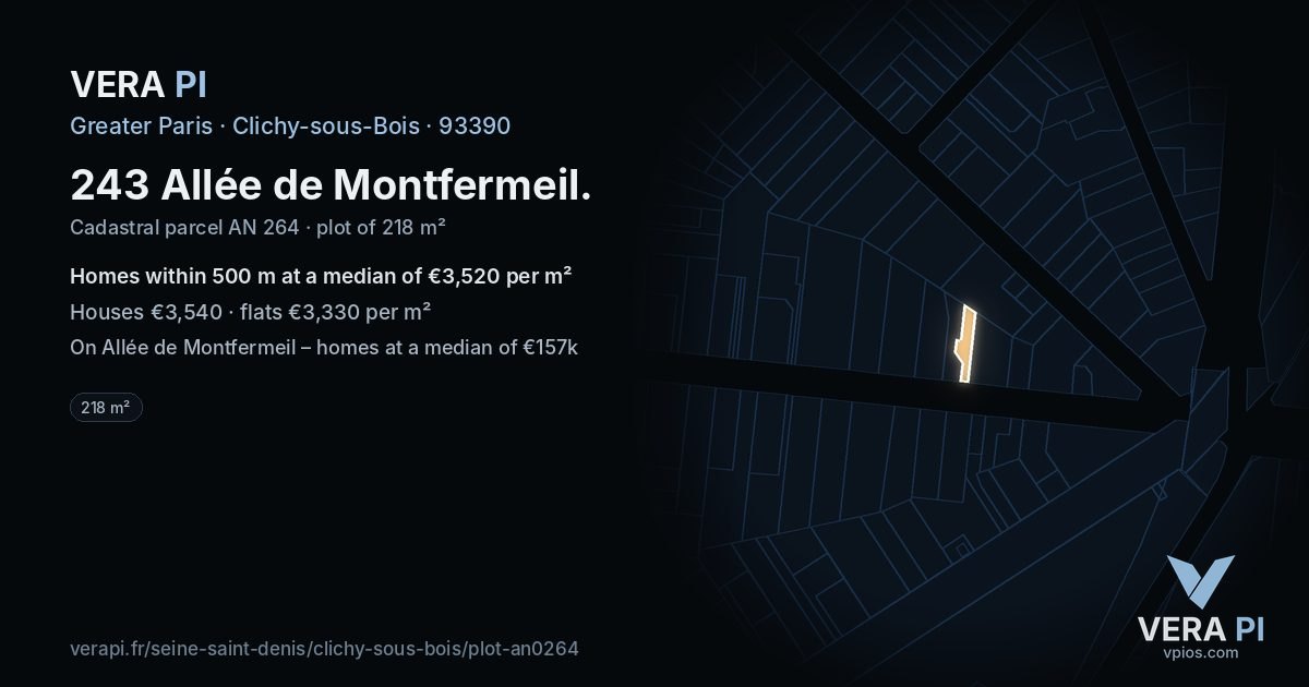 243 Allée de Montfermeil, Clichy-sous-Bois at night – the plot lit, the parcels around coloured by the prices near them