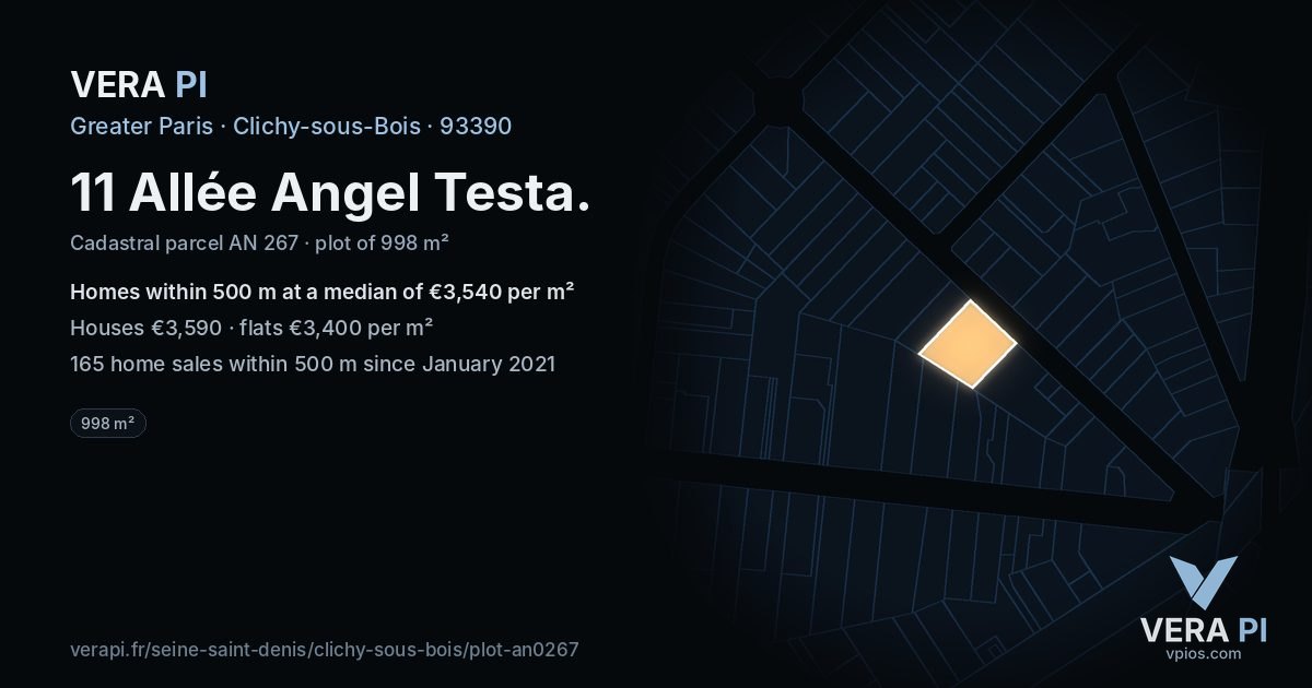 11 Allée Angel Testa, Clichy-sous-Bois at night – the plot lit, the parcels around coloured by the prices near them