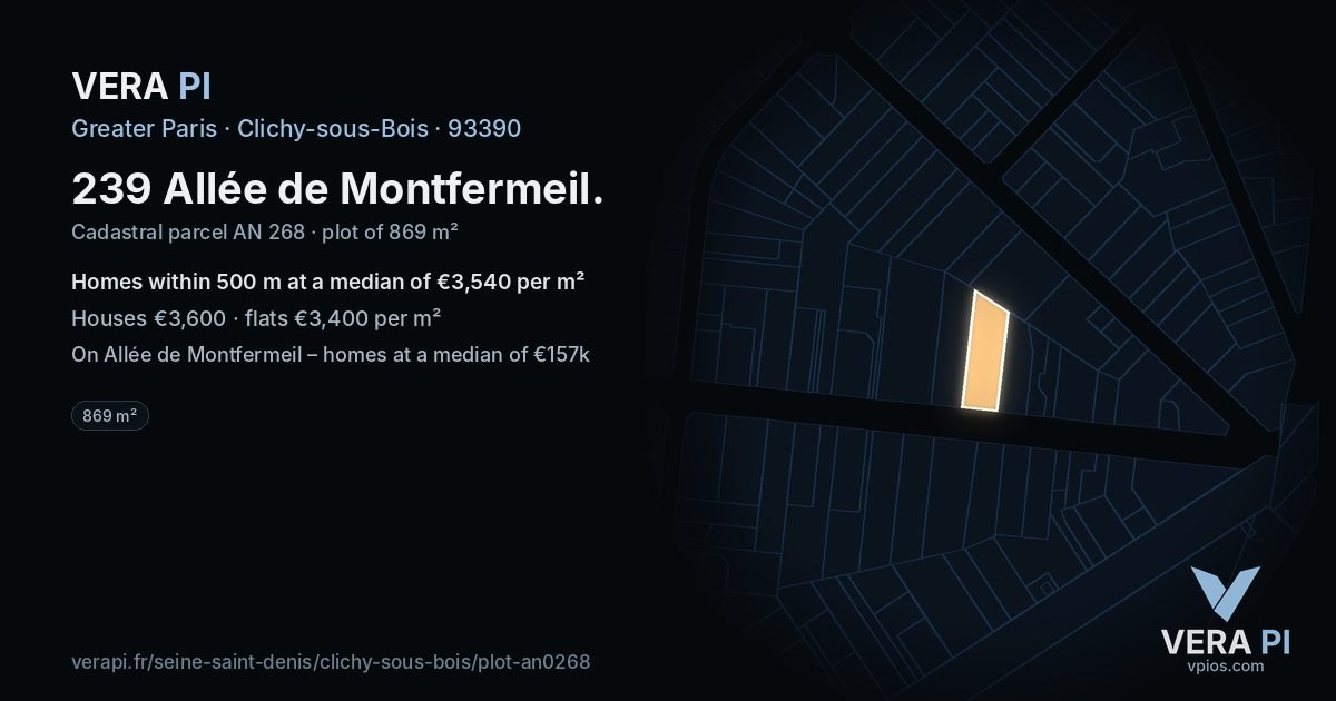 239 Allée de Montfermeil, Clichy-sous-Bois at night – the plot lit, the parcels around coloured by the prices near them
