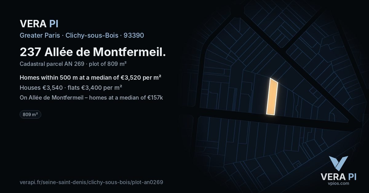 237 Allée de Montfermeil, Clichy-sous-Bois at night – the plot lit, the parcels around coloured by the prices near them