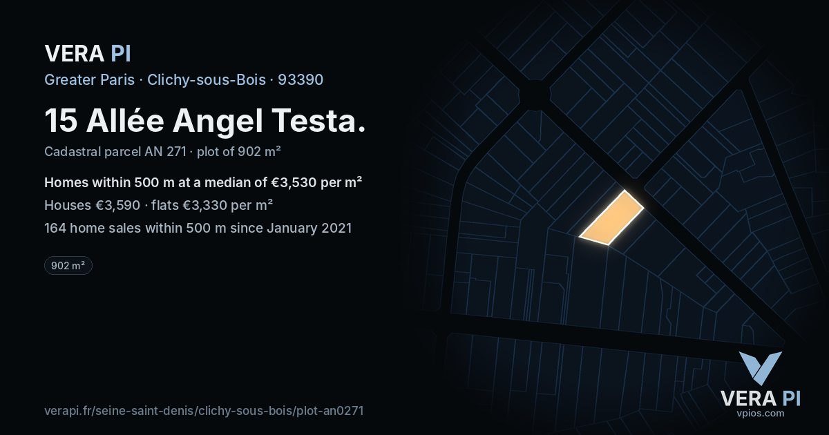 15 Allée Angel Testa, Clichy-sous-Bois at night – the plot lit, the parcels around coloured by the prices near them