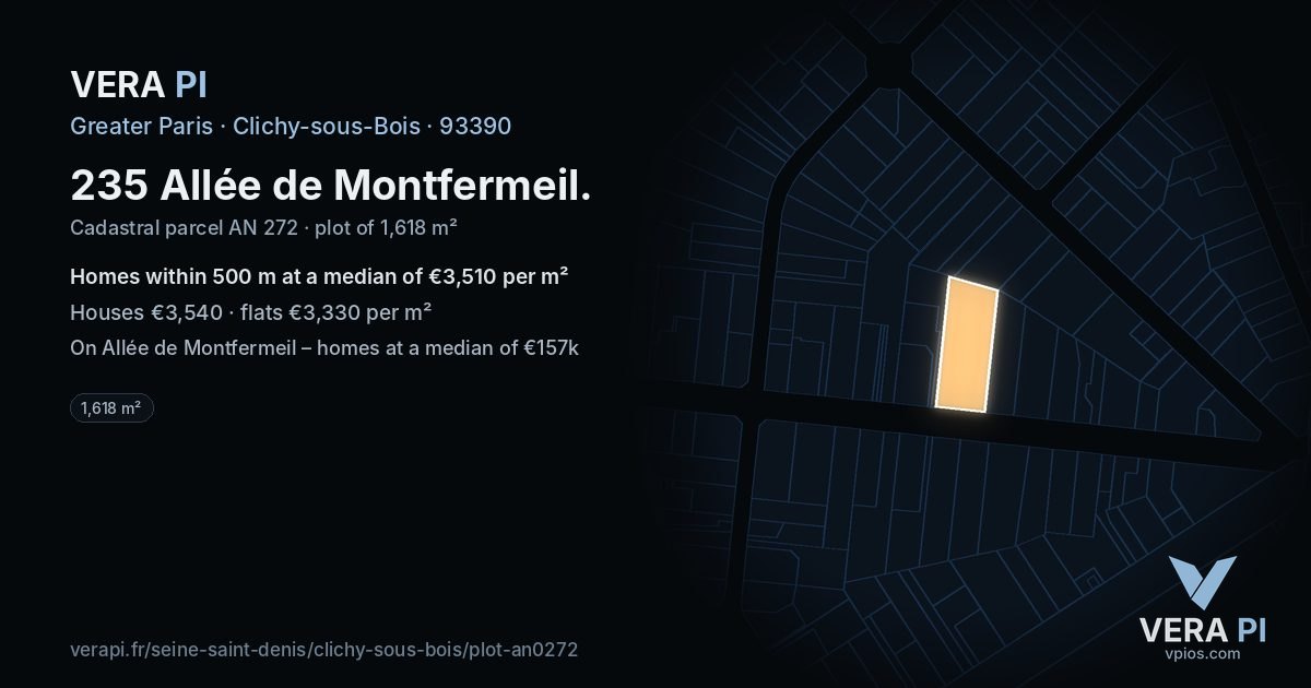 235 Allée de Montfermeil, Clichy-sous-Bois at night – the plot lit, the parcels around coloured by the prices near them