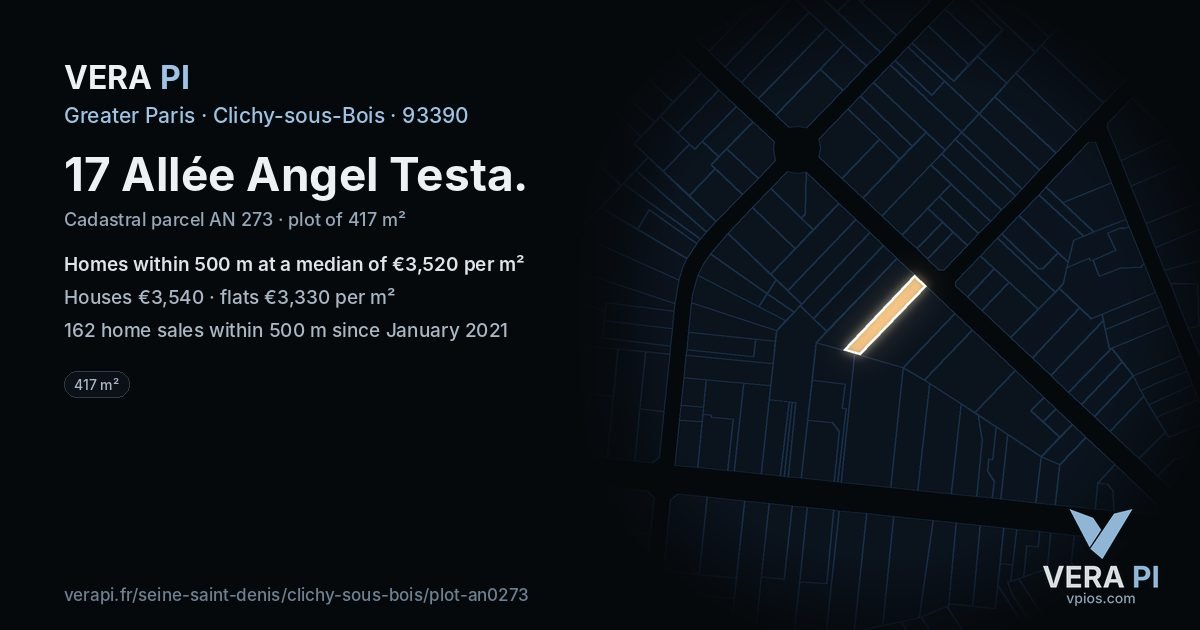 17 Allée Angel Testa, Clichy-sous-Bois at night – the plot lit, the parcels around coloured by the prices near them
