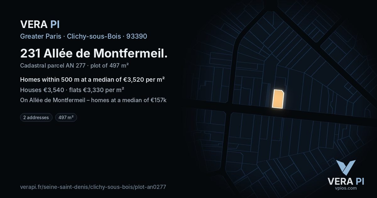 231 Allée de Montfermeil, Clichy-sous-Bois at night – the plot lit, the parcels around coloured by the prices near them