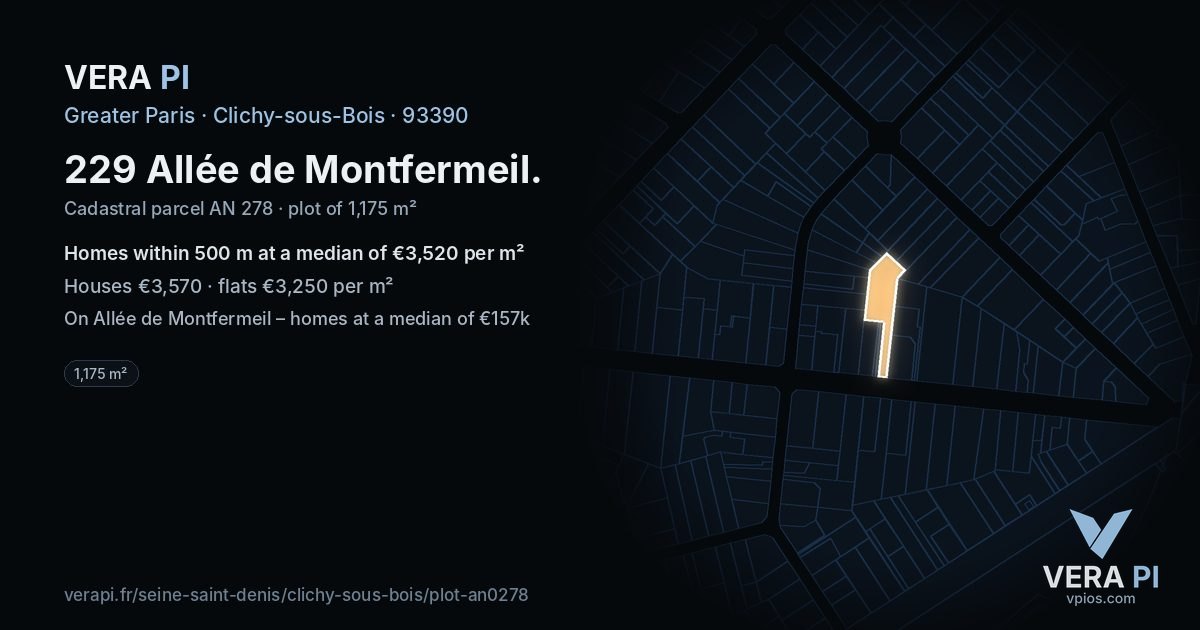 229 Allée de Montfermeil, Clichy-sous-Bois at night – the plot lit, the parcels around coloured by the prices near them