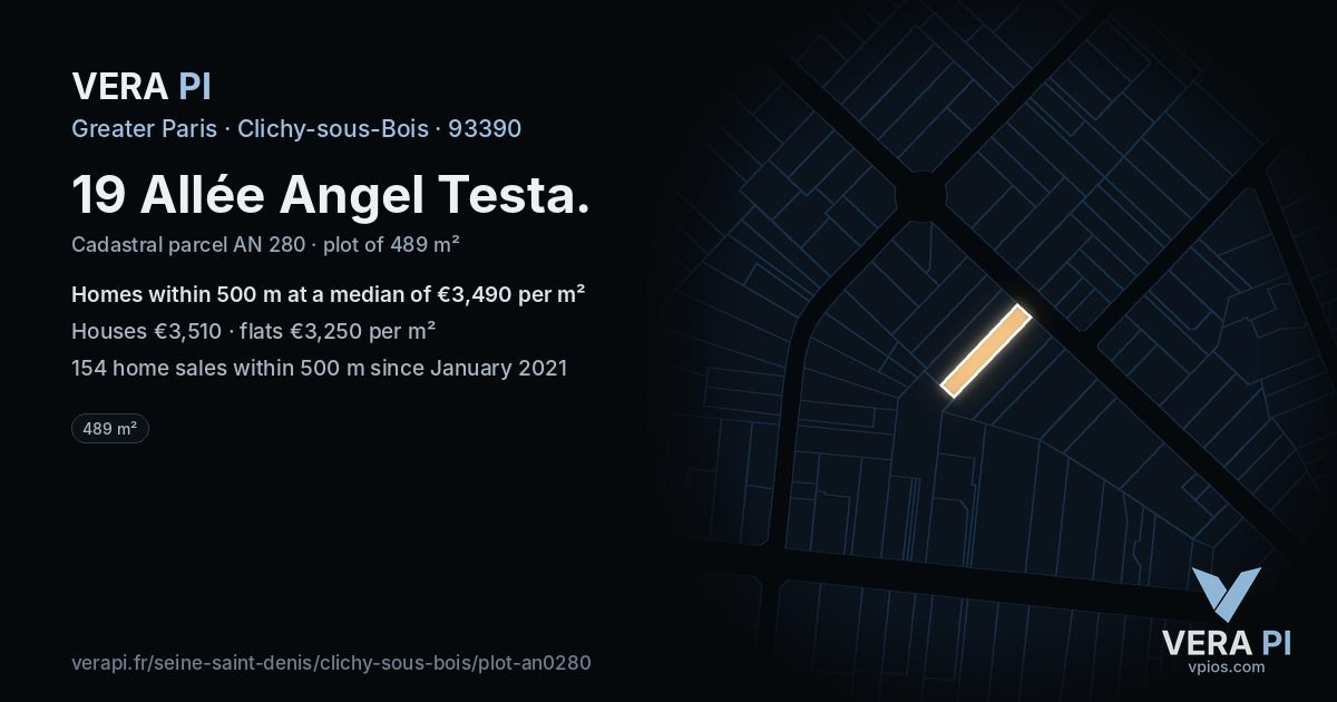 19 Allée Angel Testa, Clichy-sous-Bois at night – the plot lit, the parcels around coloured by the prices near them