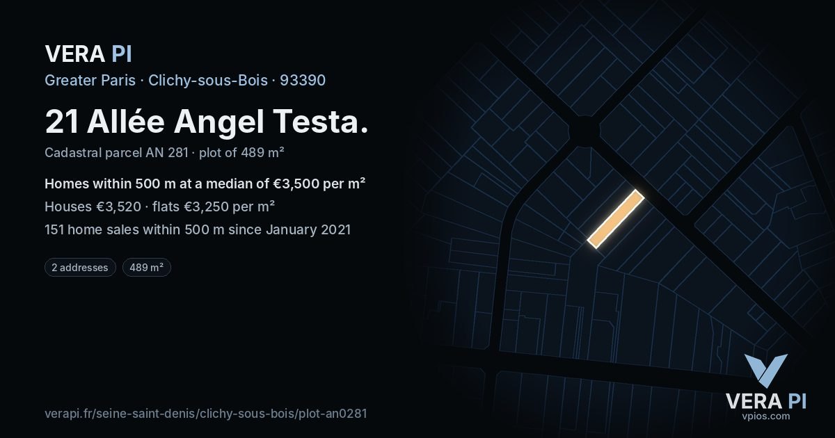 21 Allée Angel Testa, Clichy-sous-Bois at night – the plot lit, the parcels around coloured by the prices near them
